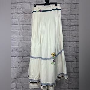 Free People White and Blue Embroidered Maxi Skirt